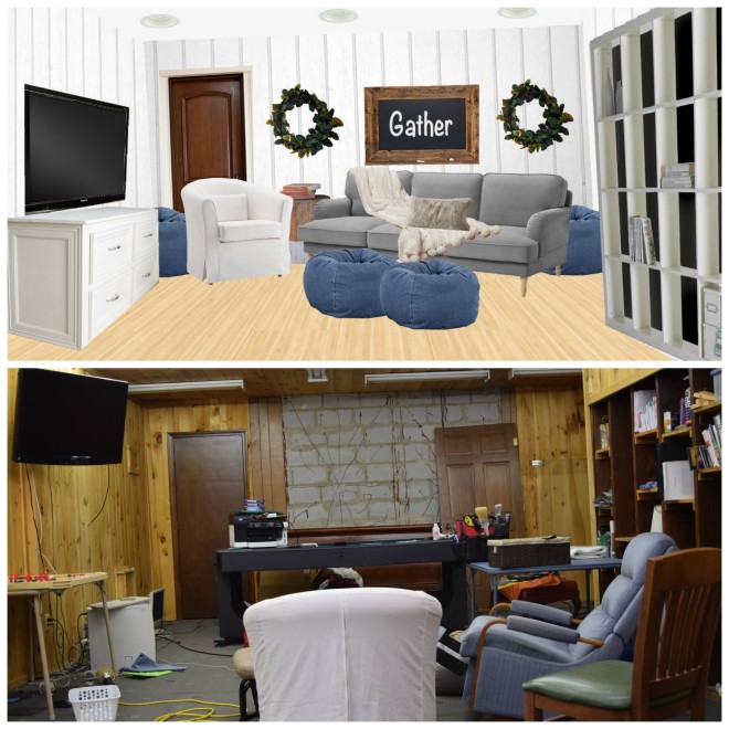 Basement family room before and after