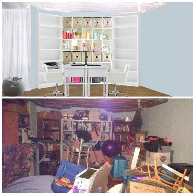 Debbie's Basement book area before and after