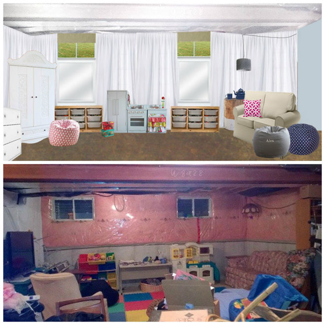 Debbie's Basement toy area before and after