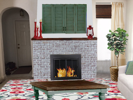 Kristen's living room fireplace view green shutters