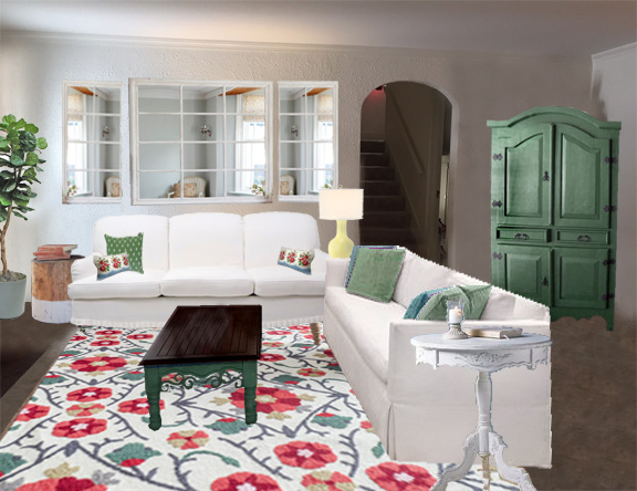 Kristen's living room stair view green accents no curtains